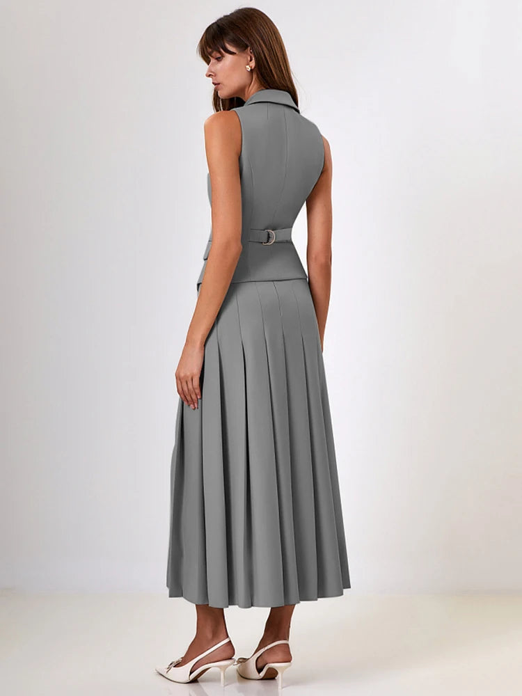 BXOXO  Autumn Two Piece Sets Women Double-breasted Vest And Split Skirt Matching Sets Fashion Long Pleated Skirt Two Piece Set