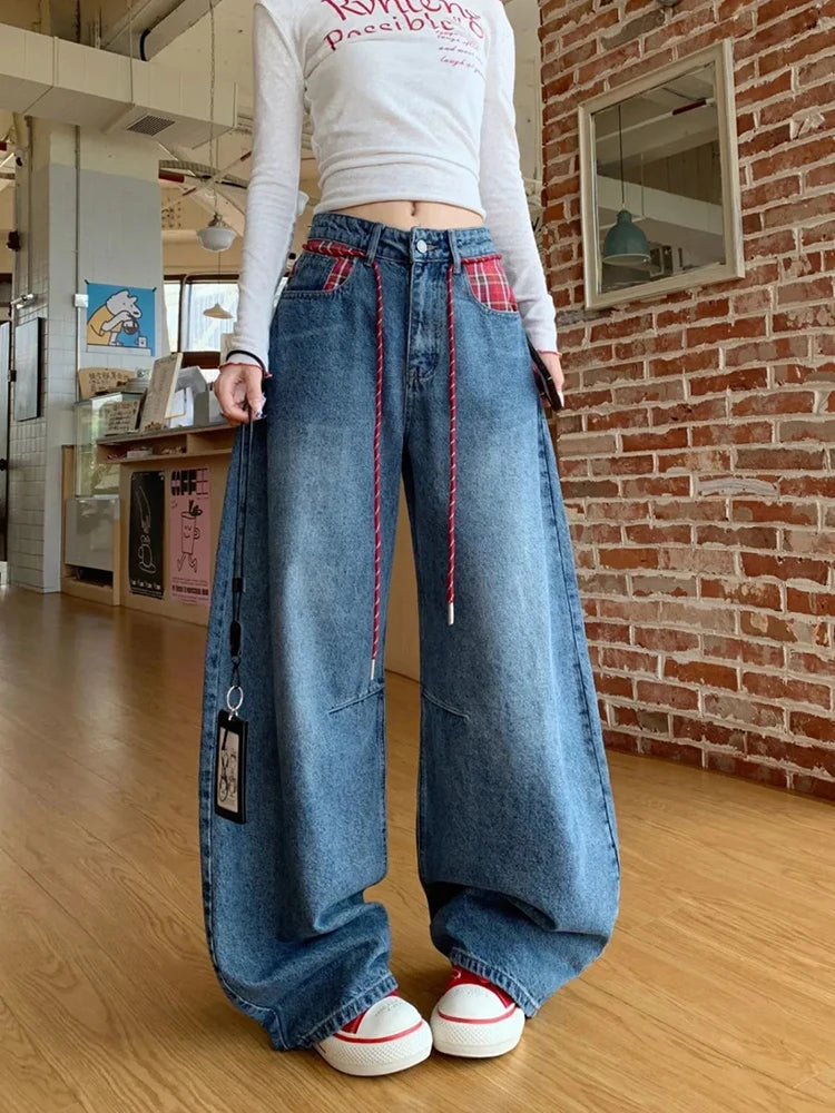 Bxoxo American Plaid Patchwork Women Wide Leg Jeans Autumn High Waist Streetwear Loose Scimitar Trousers Harajuku All Match Denim Pant