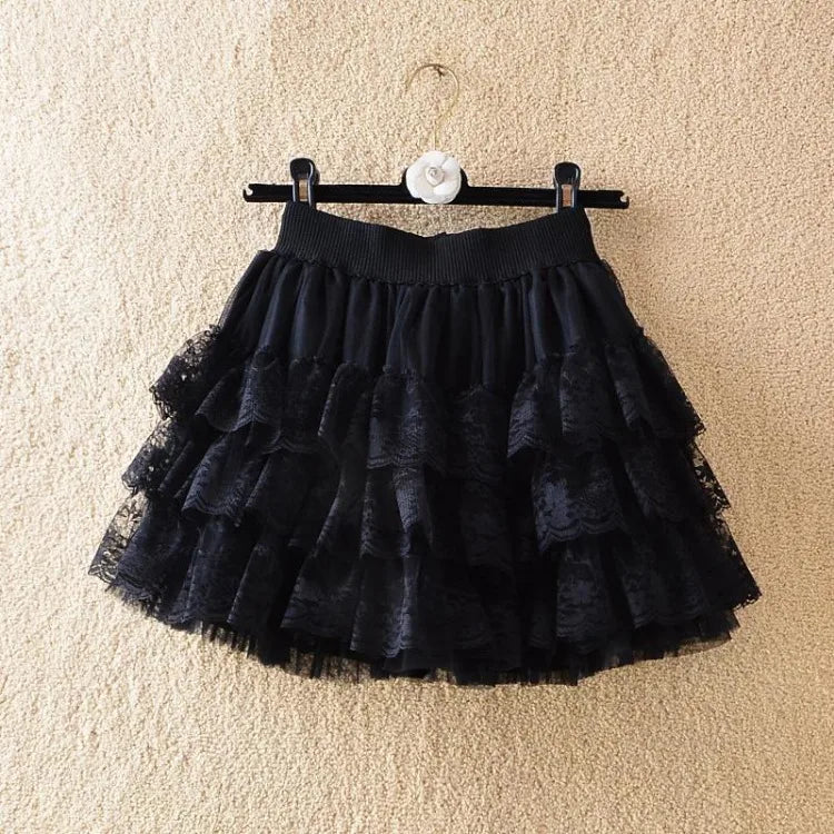 BXOXO Elastic Gothic Ruched Lace Tutu Skirt Women Black Mesh Detail Petticoat Sexy Mini Tulle Skirts Party Club Wear Dancer