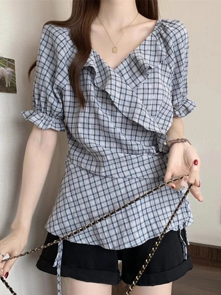 Bxoxo Ruffles Vintage Plaid Blouse Women Causal Sweet Slim Short Sleeve Shirt Korean Retro Female Lace Up Elegant Design Tops New