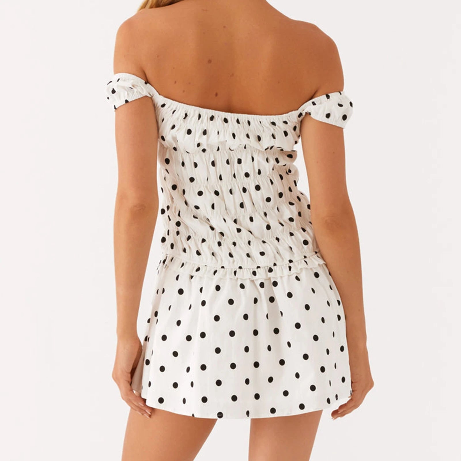 BXOXO Elegant Women's Summer Mini Party Dresses Short Sleeve Off Shoulder Solid Color/Dot Print Dresses Holiday Streetwear