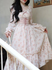 BXOXO Spring Pink Floral Elegant Dress Women Bandage Lace Print Sweet Vintage Dress Puff Sleeve Kawaii Dress Women Princess Fairy