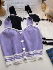 Women Cute Tops With Buttons Knitted Crop Tops Ladies Camis For Summer Y2K Tops Knit Patchwork Top Women 2024 Summer