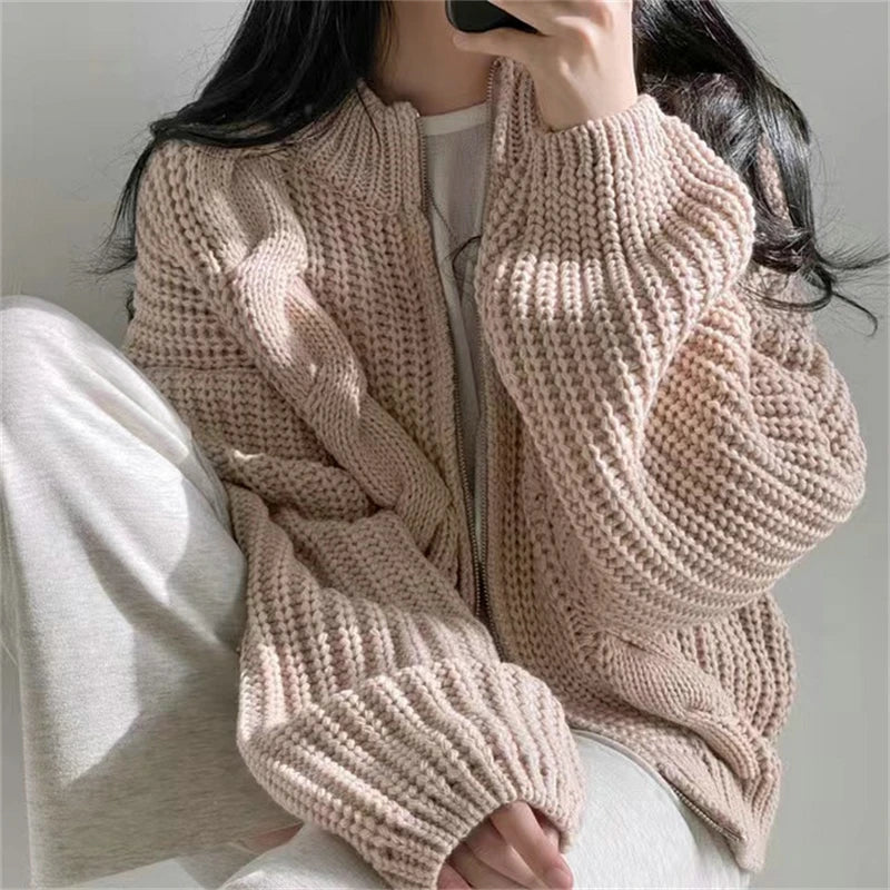 BXOXO Women Zipper Rib Loose Cardigan Coat Lantern Sleeve Knit Warm Sweater Coat Solid Casual Office Jacket Women Fall Winter