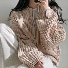 BXOXO Women Zipper Rib Loose Cardigan Coat Lantern Sleeve Knit Warm Sweater Coat Solid Casual Office Jacket Women Fall Winter