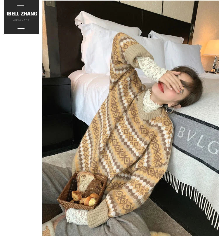 Bxoxo Winter Knitwear Pullover Sweaters For Women Top Blue Vintage Long Loose Autres Sweats Warm Korea Fashion Kawaii Jersey Jumper