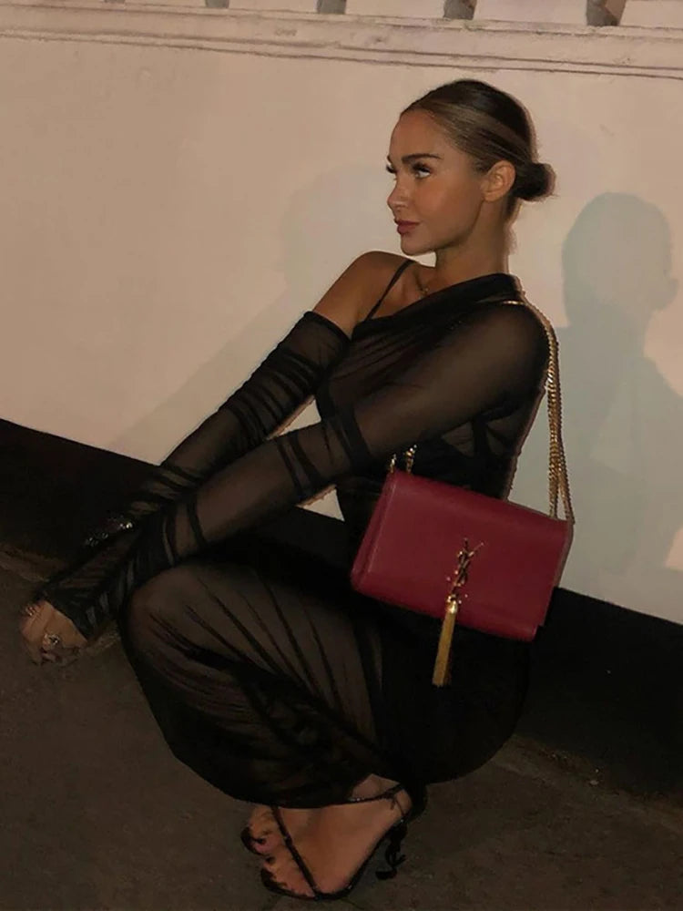 BXOXO  Mesh See Through Women Dress Sexy 3 Piece Set Elegant Fashion Female Clothing Casual Slim Camisole Black Bodycon Skirts