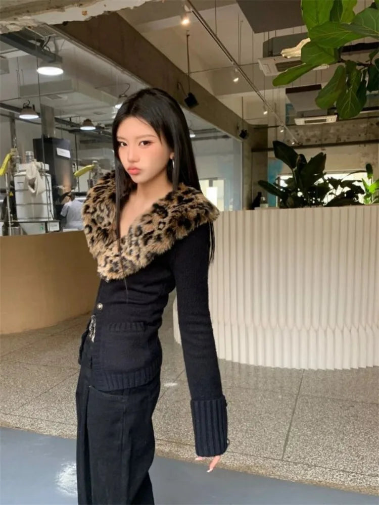 BXOXO American V-neck Leopard Print Fur Collar Cardigan Autumn Winter New Sweaters Coat Women Y2k Slim Fit Long Sleeve Tops Mujer