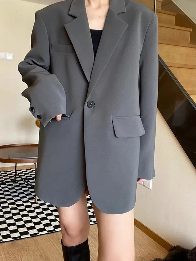 Bxoxo Y2K Black Blazer for Women Autumn Loose Streetwear A Button Casual Coats Korean Elegant Office Lady Turndown Collar Outerwear