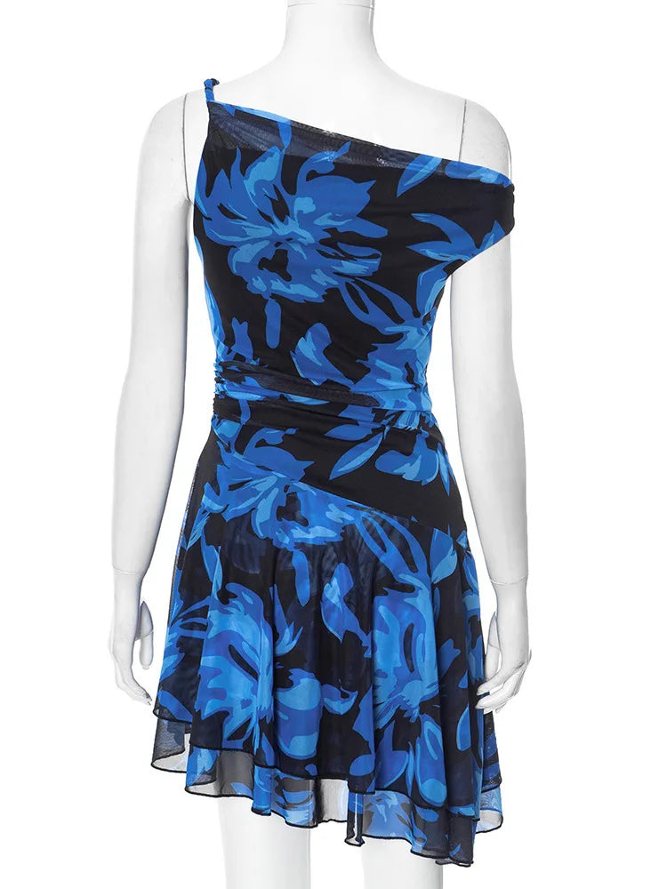 BXOXO Blue Print Ruffled Sexy Mini Dress For Women Robe Irregular Oblique Shoulder Sleeveless Backless Club Party Dress Beach