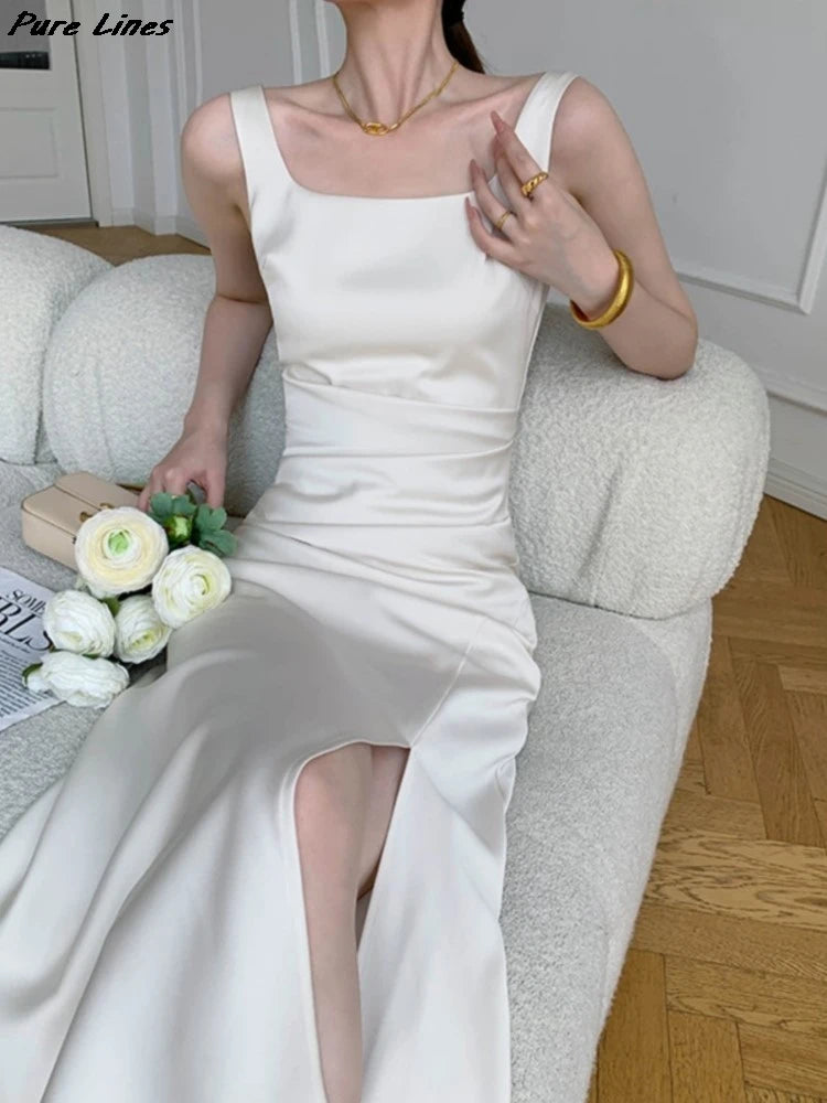 Bxoxo Women's White Elegant Sleeveless Slim Split Slip Dresses Summer Fashion New Female Clothing Evening Party Wedding Guest Dress