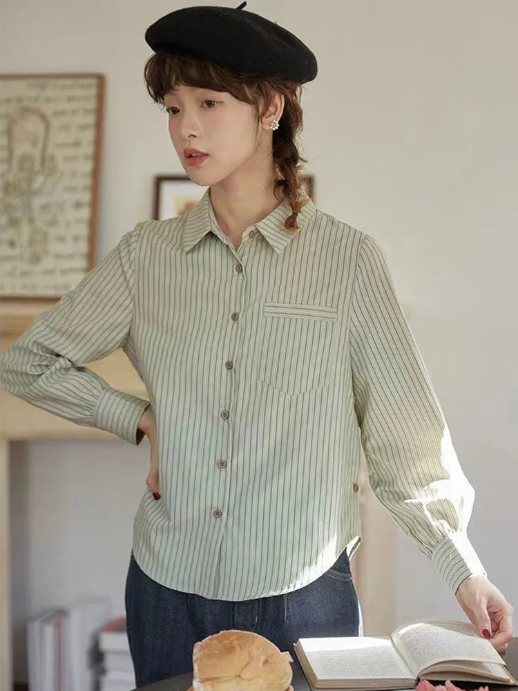 Bxoxo Preppy Style Retro Striped Shirt Women Long Sleeve Elegant Sweet Blouse Japan Casual Pocket Fall Female Simple Vintage Tops New