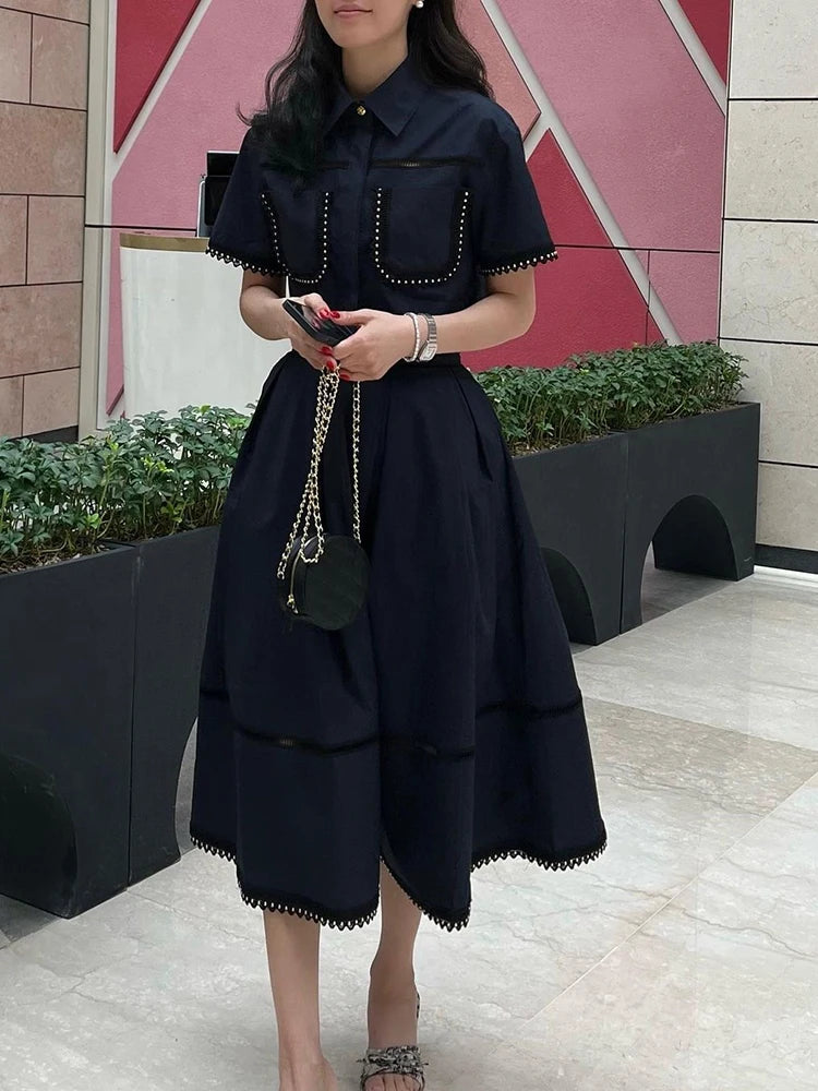Bxoxo Elegant Two Piece Sets For Women Lapel Short Sleeve Tops High Waist A Line Pleated Skirts Solid Set Female Summer 2023