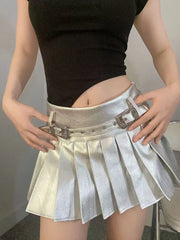 Bxoxo PU leather Pleated skirts Women Y2K High Waist With belt casual A line Punk skirts Fashion Hot Girls Night Party mini skirts