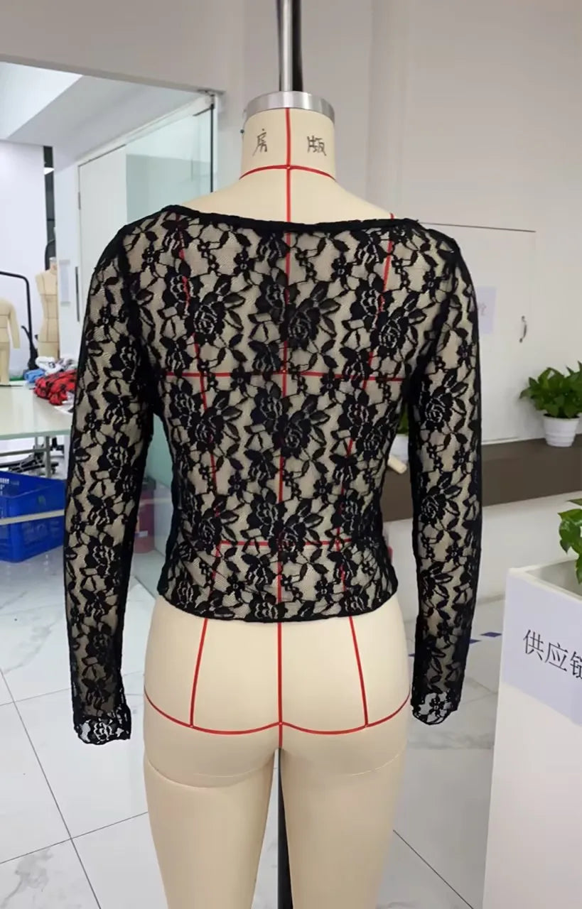 BXOXO Women Crop Lace Tops Summer Sweetheart V-Neck See-Through Long Sleeve Shirt for Club Streetwear Aesthetic Clothes
