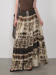 Bxoxo Vintage Ink Wash Print Long Skirt Women Harajuku Elegant High Waist Skirts Retro Gothic Streetwear A-line Midi Skirts