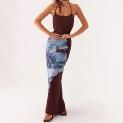 BXOXO Women's Summer Long Cami Dress Fashion Sleeveless Open Back Halter Neck Flower Print Dress Beach Vacation Sundress