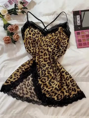 BXOXO Leopard Silk Satin Women Nightgown Sleeveless Side Split Lace Sleepwear V Neck Sexy Nightwear Female Homewear Cloth Pajama Dress