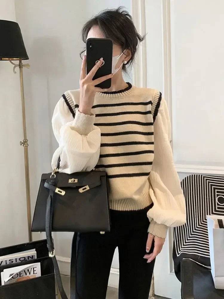 Bxoxo women Black and white striped fake two-piece knitted sweaters pring and autumn Korean soft glutinous pullover sweater female