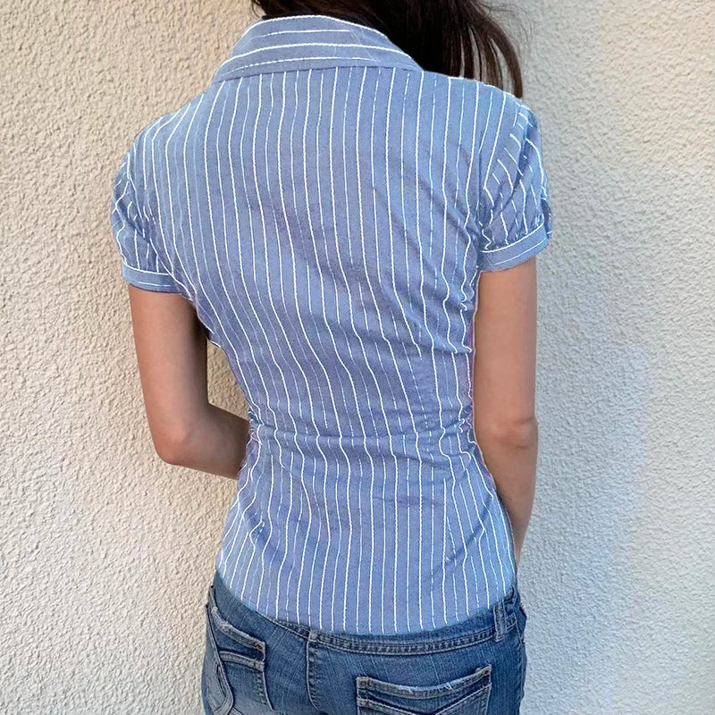 Bxoxo Y2k Aesthetics Pleated Shirt Fairycore Lace Up Blouse Trashy 2000s Style V-neck Shirt Irregular Japanese Harajuku 90sFashion Chic Stripe Slim Summer Blouse Women Tops Short Sleeve Buttons-Up Shirt Cardigan Y2K Aesthetic