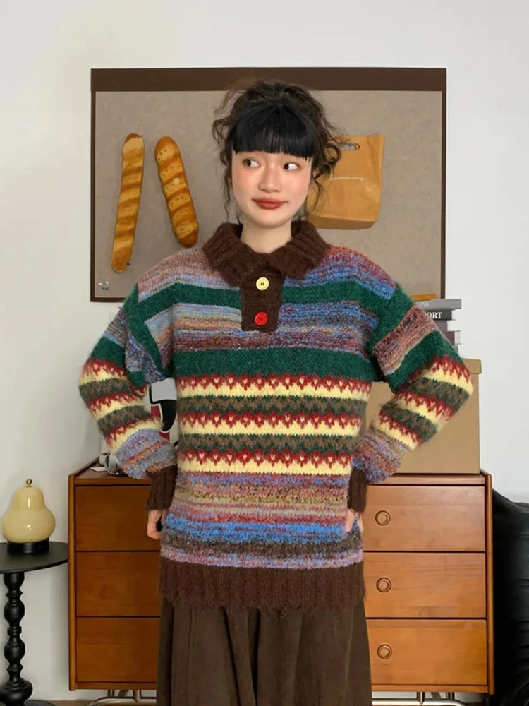 Bxoxo Vintage Print Harajuku Sweaters Women Loose Casual Knitted Pullover Lazy Wind Retro Female Preppy Style Long Sleeve Jumper Tops