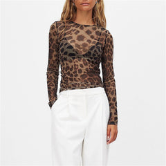 BXOXO Women Sheer Leopard Print Tops Slim Fitted Long Sleeve See Through Mesh Shirts Going Out Y2K Vintage Streetwear