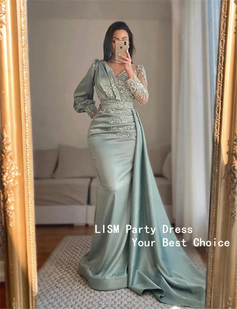 BXOXO Muslim Green Mermaid Evening Dress V-Neck Lace Beaded Long Sleeves Satin Prom Gowns Elegant Women's Dresses for Party