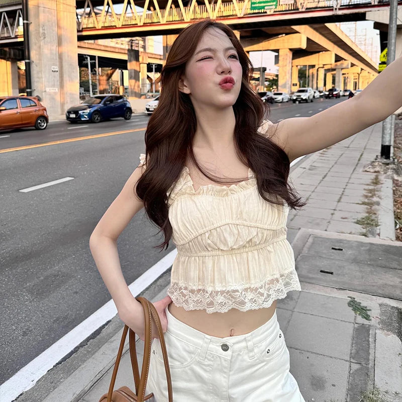 Bxoxo Sexy Square Collar Lace Edge Ruched Causal Solid Crop Tops Y2K Summer Fashion New Sweet Cute Daily 2025 Streetwear Vest