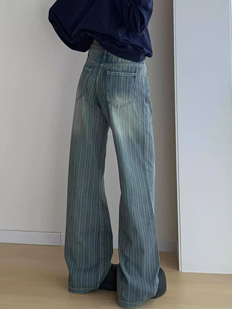 Bxoxo Women Streetwear Striped Jeans Vintage High Waist Design Y2K Denim Pant Casual American Hip Hop Harajuku Wide Leg Trousers Fall