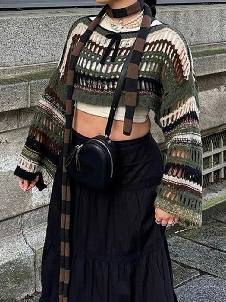 BXOXO y2k Stripe Hollow Out Fishnet Sweaters Smock Crop Tops Women Fairycore Oversize Sweater Grunge Goth Cloth свитер сетка