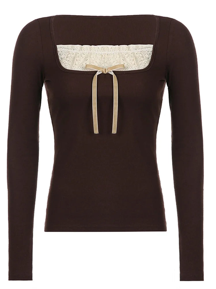 Bxoxo Y2k Women's Long Sleeve Knitted Tops Lace Stitching Neckline Knitwear Bowknot Decoration Slim-Fit Tshirt Pullovers Clubwear
