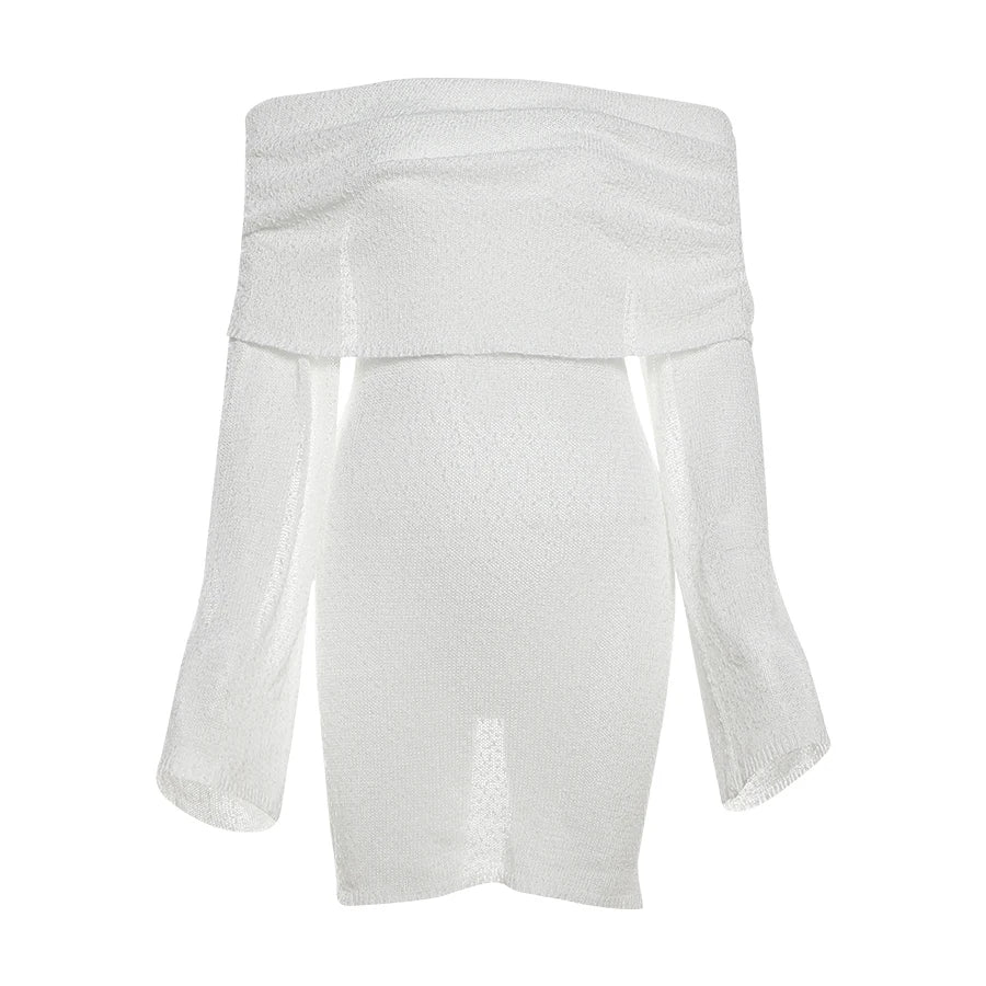BXOXO Fashion Mesh Patchwork Dress Women Knitted Elegant Ruched Slash Neck Flared Sleeve Vacation Beach Party Mini Bodycon