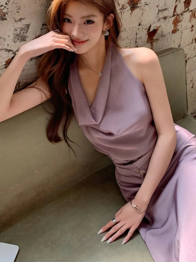 Bxoxo Women's Spring Summer Elegant Purple Party Long Dresses French Fashion Vintage Swing-Collar Lace-up Slim New Dress Prom Female