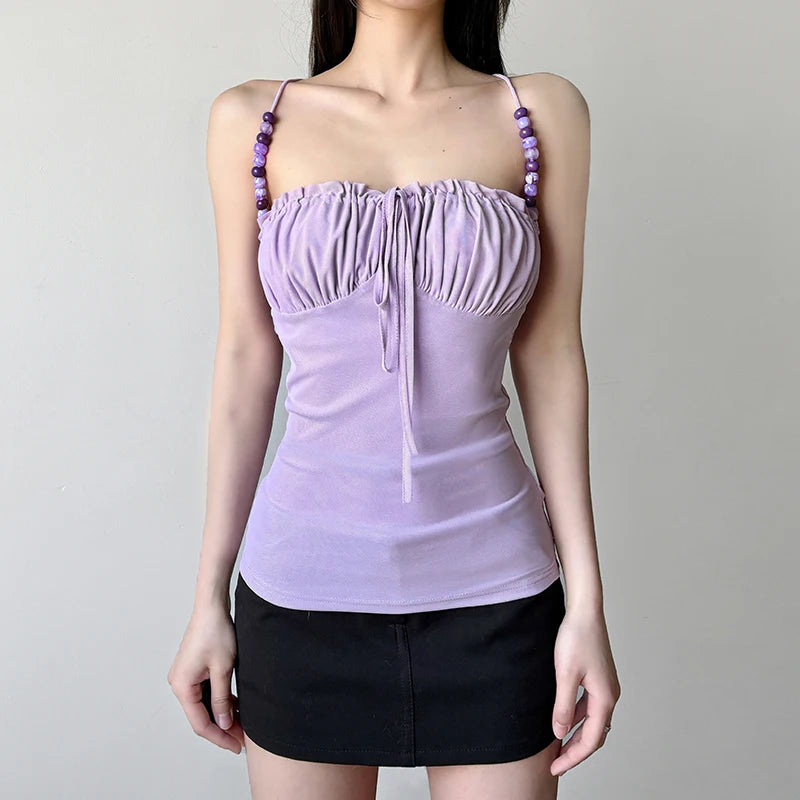 BXOXO Elegant Solid Folds Camis Vintage 2000s Skinny Strap Crop Tops Women Holiday Style Transparent Mesh Tees Ladies y2k Vest