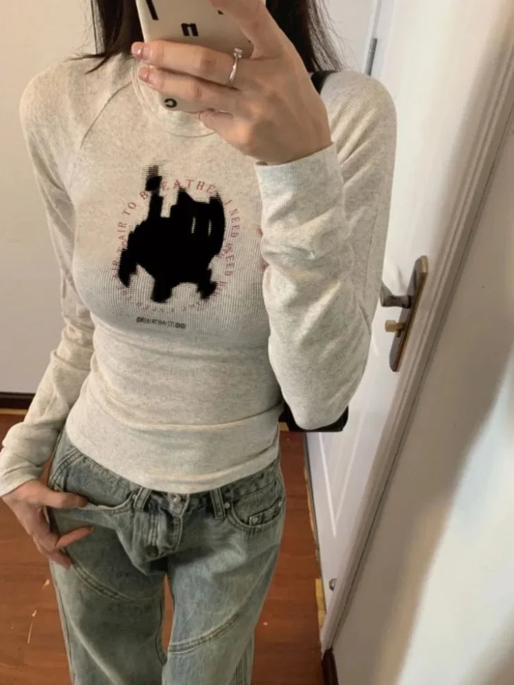 BXOXO New Fashion Kawaii Cat Print Grunge T-shirts 2025 Autumn Sweet Flower Grey Crop Top Women Y2k Aesthetic Al Match Harajuku Tees