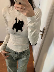 BXOXO New Fashion Kawaii Cat Print Grunge T-shirts 2025 Autumn Sweet Flower Grey Crop Top Women Y2k Aesthetic Al Match Harajuku Tees