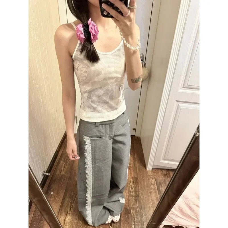 Bxoxo Y2k Gray Lace Women Suit Pants Vintage Harajuku Patchwork Wide Leg Korean Fashion Baggy Trousers Elegant Casual Sweet