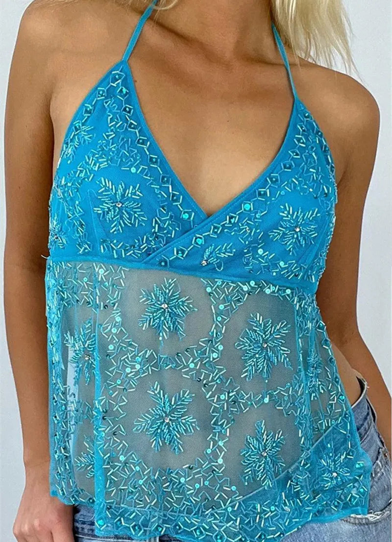 BXOXO Women's Sequin Halter Tank Tops Sleeveless V-Neck Backless Slim Fit Sheer Mesh Vest Y2k Sparkle Club Party Rave Outfit