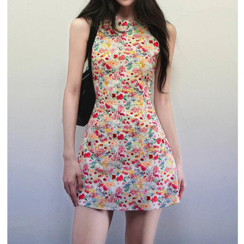 Bxoxo Summer Floral Print Tank Dress Women's round Neck Slim Fit Waist Cinched Sleeveless Mini Skirt Empire Waist Dress