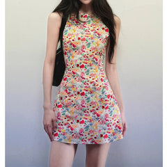 Bxoxo Summer Floral Print Tank Dress Women's round Neck Slim Fit Waist Cinched Sleeveless Mini Skirt Empire Waist Dress
