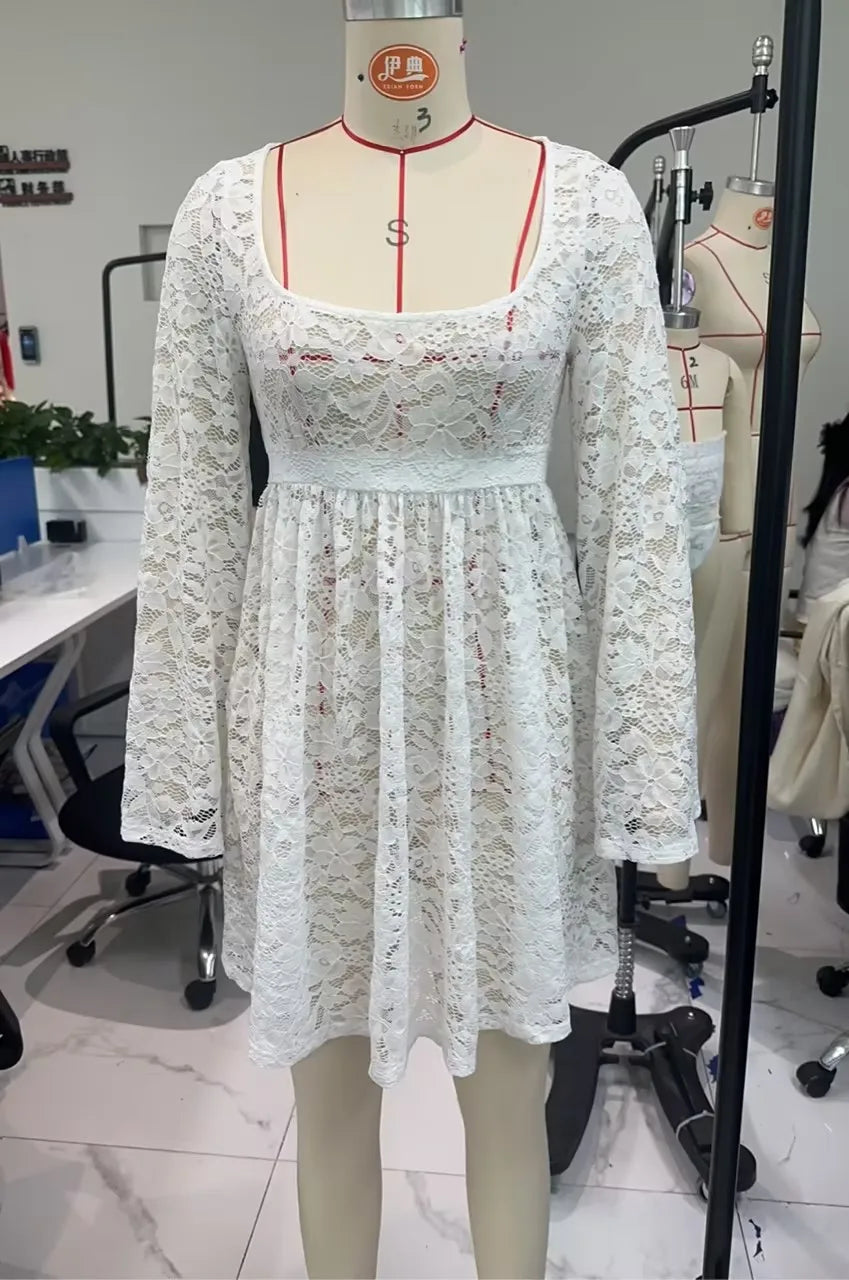 BXOXO Fashion Women Spring Summer Mini Dress White Long Sleeve Square Neck Lace See Through Floral Party Cocktail Dress