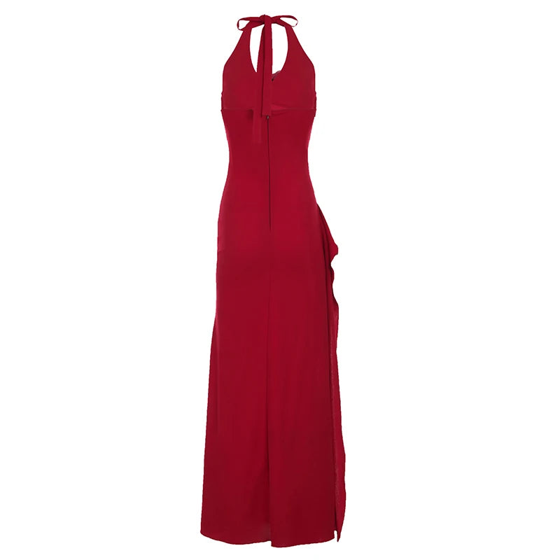 BXOXO Solid Sexy Skinny Halter High Side Split Women Elegant Dresses Design Fashion New Women Clothing