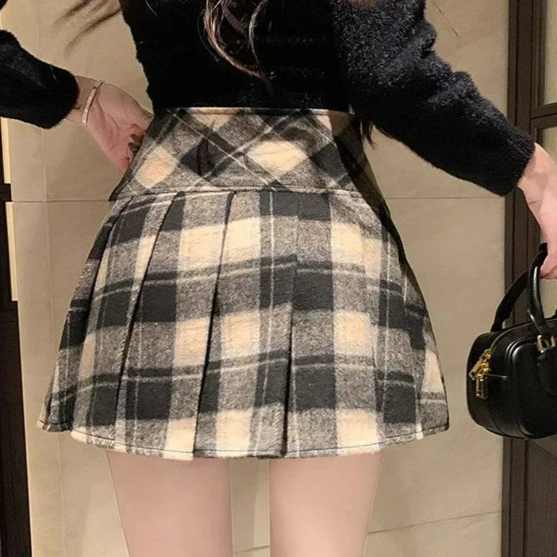 BXOXO Winter Plaid Skirt Women Vintage Woolen Korea Dongdaemun Preppy Cute Sexy Check Pleated Mini Skirt  School