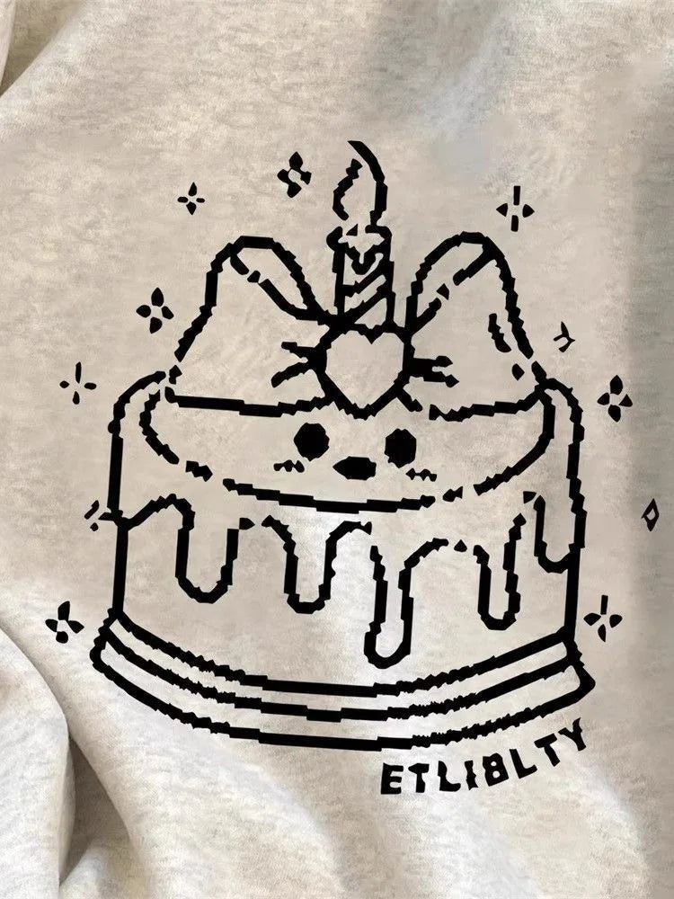 Bxoxo Cute Cake Print Sweatshirt Women Long Sleeve Loose Japan Kawaii Pullovers Fall Preppy Style O Neck Vintage Casual Sweet New Tops