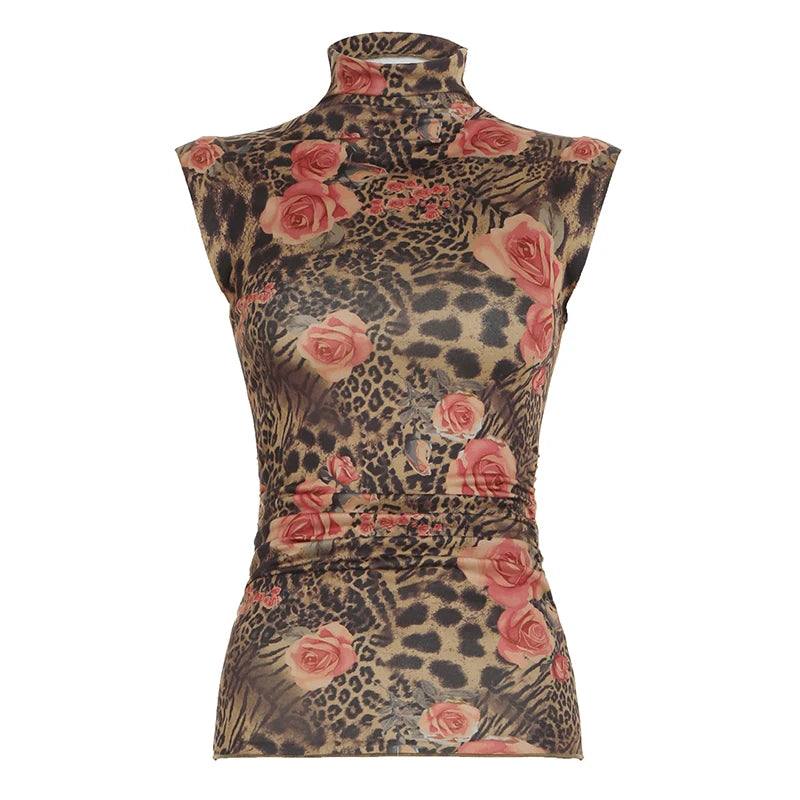 BXOXO Vintage Floral Print Crop Top Women Retro Sleeveless Turtleneck Skinny Tank Tops Harajuku y2k Tee Summer Casual Lady Vest