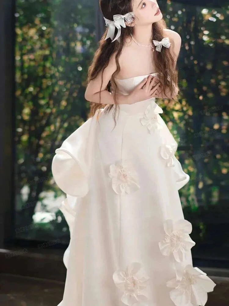 Bxoxo Elegant Dress For Women Satin Strapless 3D Flower Spliced Solid Color Asymmetrical Female Party Dresses 15DZ376