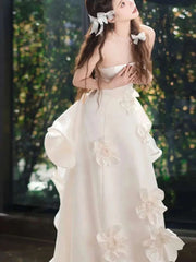 Bxoxo Elegant Dress For Women Satin Strapless 3D Flower Spliced Solid Color Asymmetrical Female Party Dresses 15DZ376