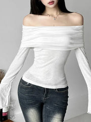 Bxoxo Y2k Aesthetic Women Translucence Tee Shirts Slash Neck Long Sleeve Solid Casual T-Shirts Vintage Off Shoulder Sexy Cute Tshirts