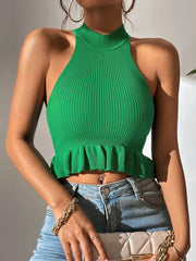 BXOXO Spring Summer Women Sleeveless Ruffle Hem Crop Knit Top Femme Coquette Casual Knitwear Corset Tank Tops Clothes