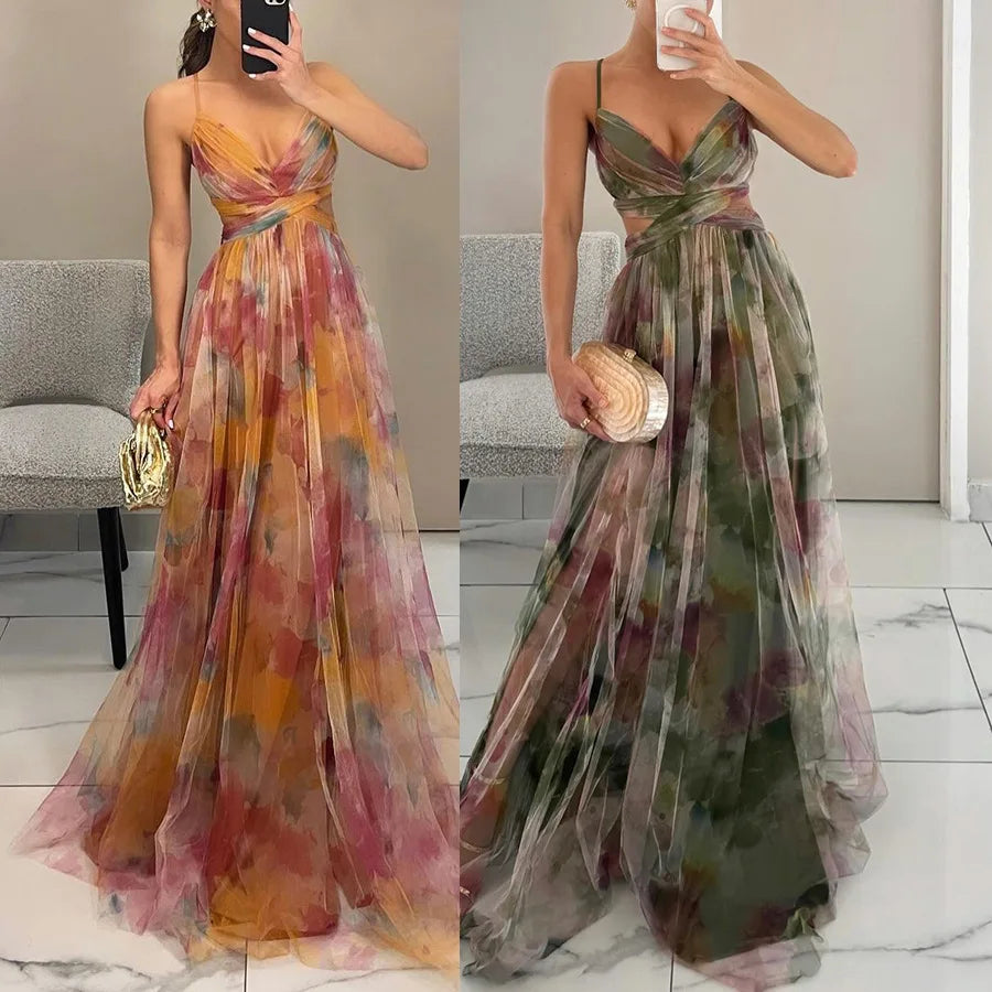 BXOXO  V-Neck Sexy Hollow Out Party Dress, Women Summer Loungewear Fashion Printing Maxi Dress, Sleeveless Lace-Up Ladies Dress Vestido